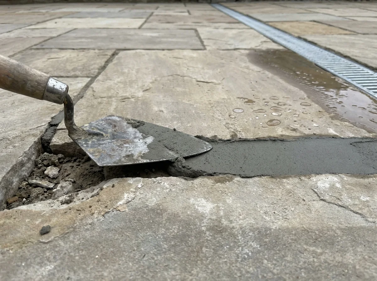 Fugenreparatur an Natursteinplatten neben einer Entwässerungsrinne