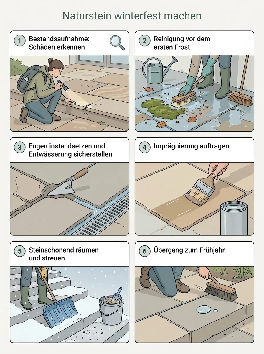 Infografik mit sechs Schritten zur Wintervorbereitung von Natursteinflächen